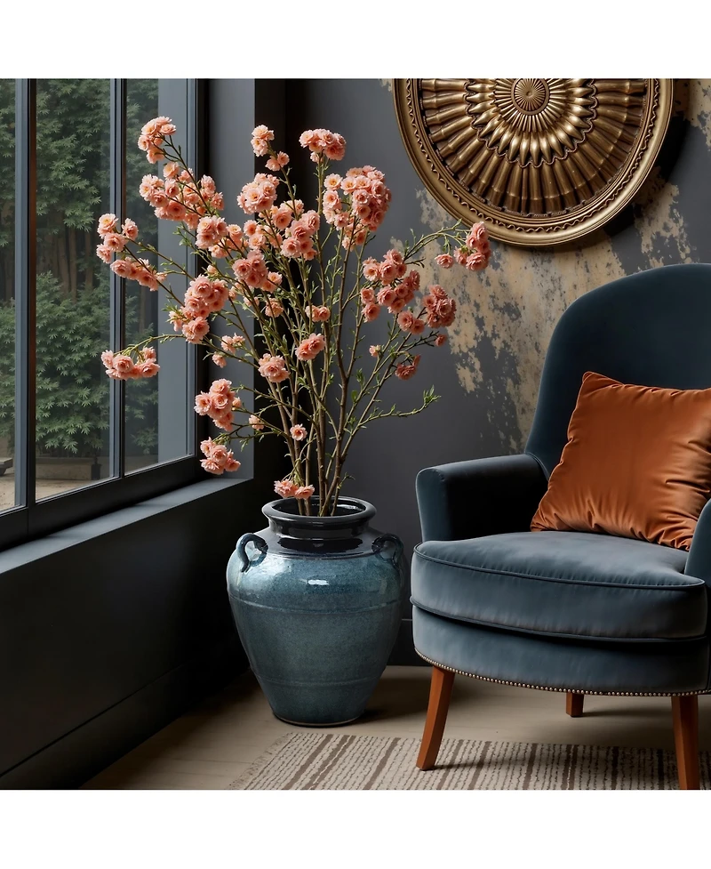 LuxenHome Ocean Blue Ceramic Vase with Handles, 15.75" Tall Amphora Pot for Rustic or Coastal Decor