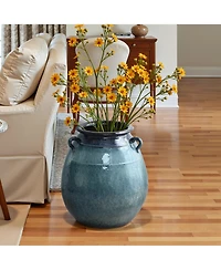 LuxenHome Ocean Blue Ceramic Vase with Handles, 17.5" Tall Rounded Pot for Rustic or Coastal Decor