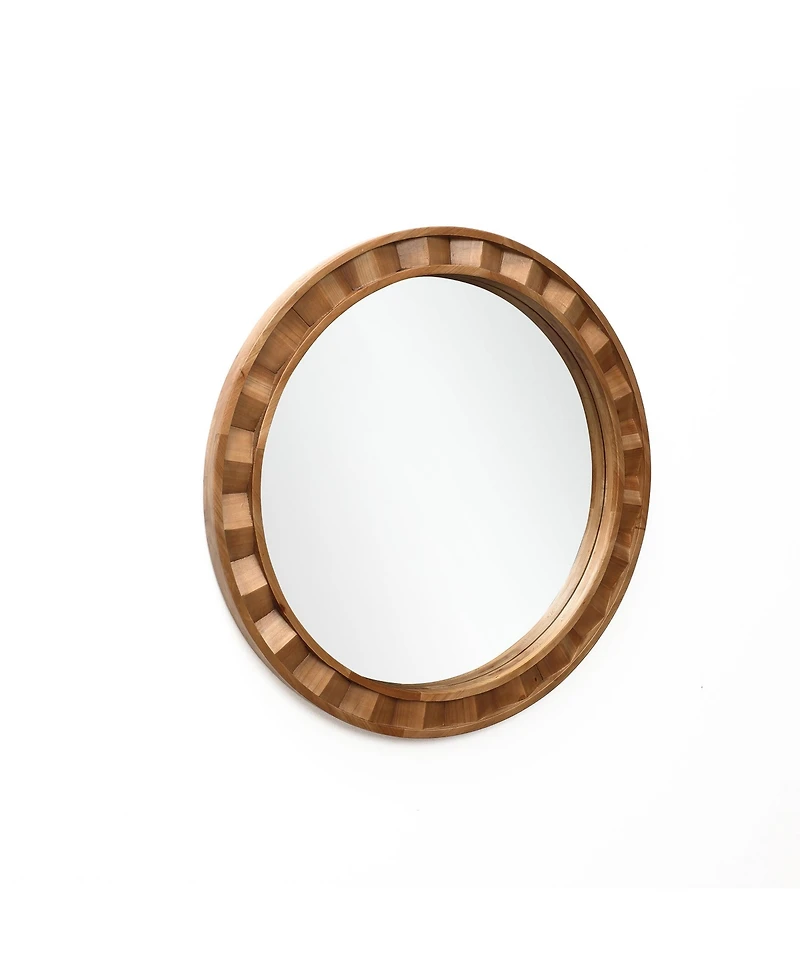LuxenHome Natural Wood Frame Round Wall Mirror, 28” Rustic Wooden Decor