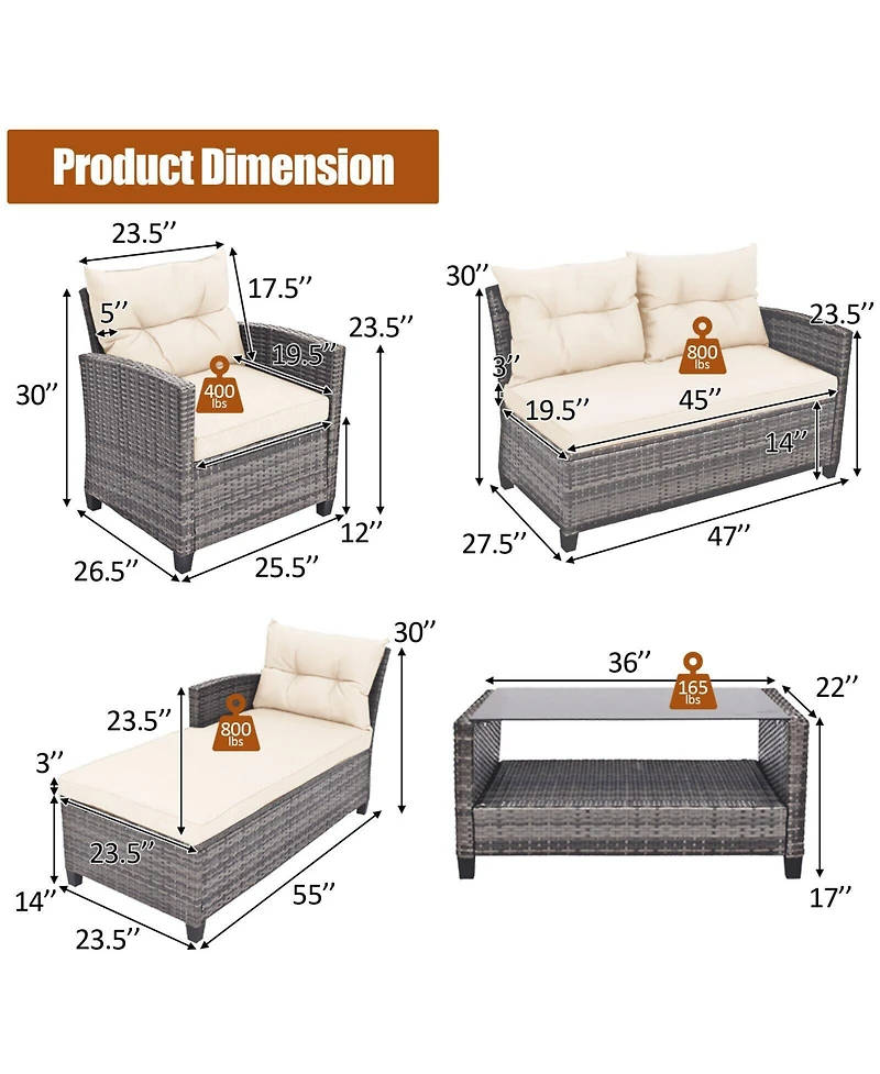 4 Pieces Patio Rattan Sofa Furniture Set with Cushion and 2-Tier Coffee Table