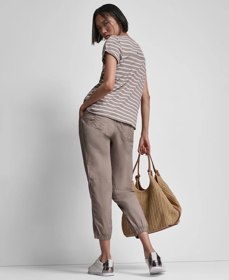 Dkny Sport Women's Embroidered Crewneck Logo Roll-Sleeve Top