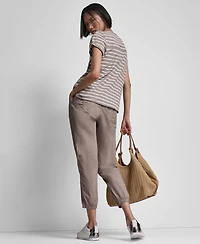 Dkny Sport Women's Embroidered Crewneck Logo Roll-Sleeve Top