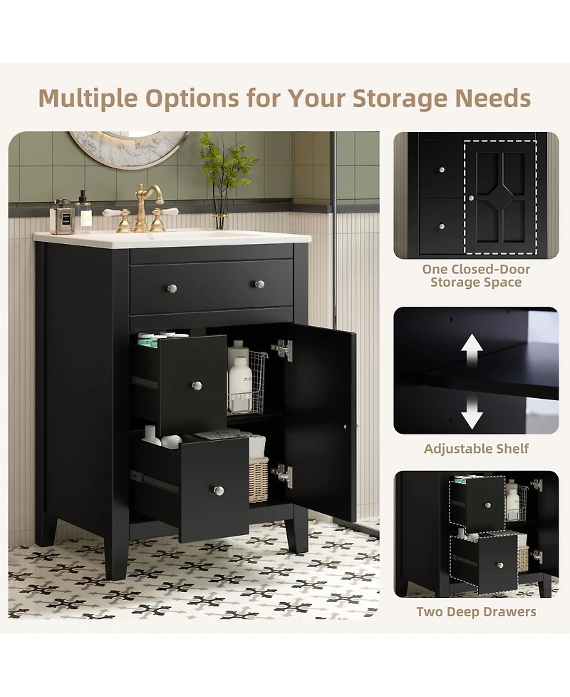 Sillysis 24" Bathroom Vanity with Ceramic Basin, Modern Cabinet with 2 Drawers, Soft-Closing Door & Adjustable Shelf for Small Bathrooms