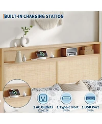 gaomon Rattan Size Bed Frame with Led Lights, Boho Wood Bed Frame with Storage Headboard & Charging Station, Silent Slats, No Box Spring Needed
