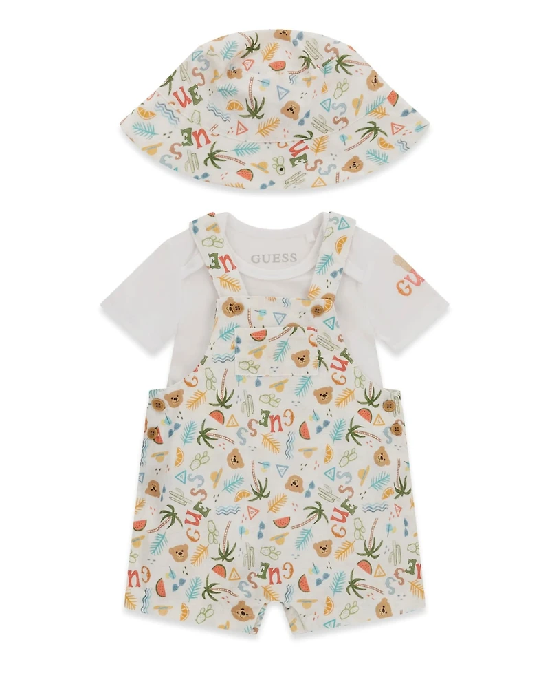Guess Baby Boys' Short-Sleeve Bodysuit, Shortall, and Bucket Hat, 3-Piece Set