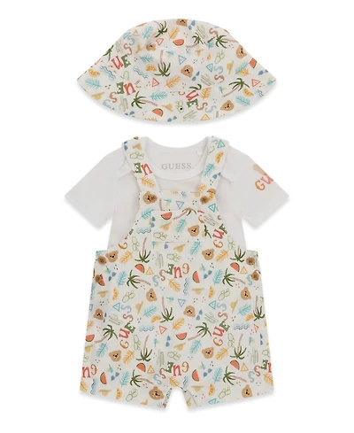 Guess Baby Boys' Short-Sleeve Bodysuit, Shortall, and Bucket Hat, 3-Piece Set