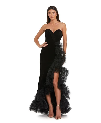 Mac Duggal Women's Strapless Velvet Mermaid Gown with Ruffle Slit