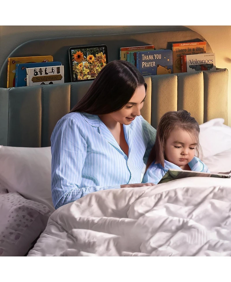 gaomon Twin Xl Bed Frames, Upholstered Platform Frame with Bookcase Headboard, Velvet Mattress,Heavy Duty Steel Support Legs