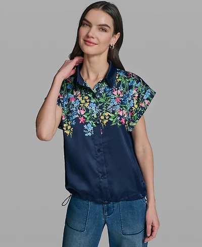 Karl Lagerfeld Paris Women's Short-Sleeve Floral Printed Camp Shirt