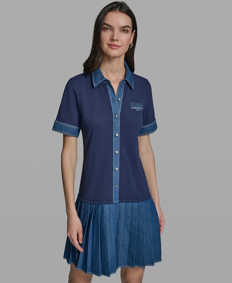 Karl Lagerfeld Paris Women's Short-Sleeve Collared Knitted Polo Dress