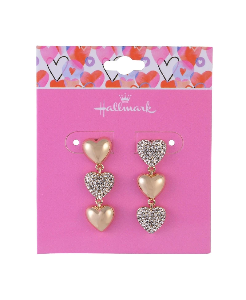 Hallmark Linear Gold Tone Heart Earrings with Pave Stones