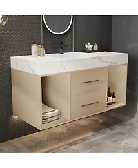 Sillysis Floating Bathroom Vanity with Ceramic Sink, Sintered Stone Top, 2 Soft Close Drawers, Wall Mounted Modern Cabinet