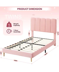 gaomon Twin Bed Frame Velvet Upholstered Platform Wave Headboard for Girls Easy Assembly No Box Spring Wooden Slats