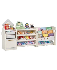 Mecale Kids Toy Storage Organizer with Bookshelf, 4-Tier Cubby Cabinet with 10 Movable Plastic Bins, Toy & Book Storage