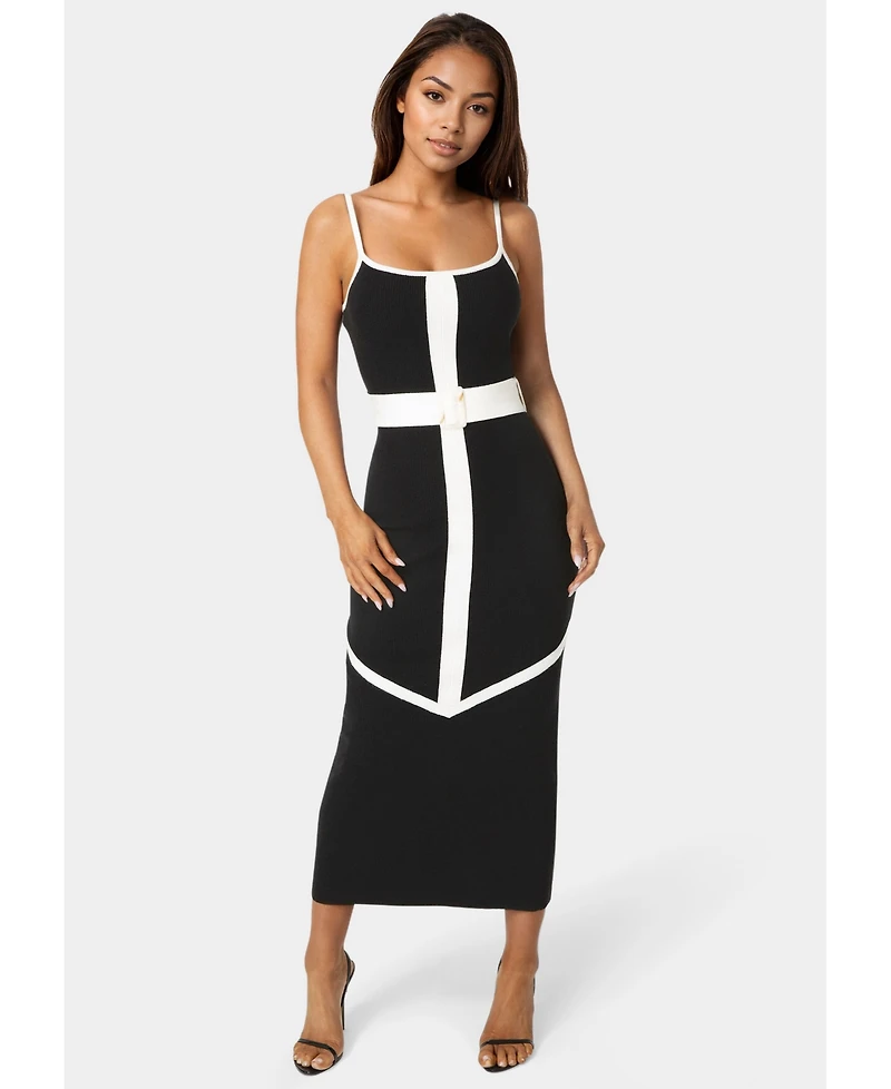 Bebe Women's Rib V-Neck Bodycon Maxi Dress with Belt