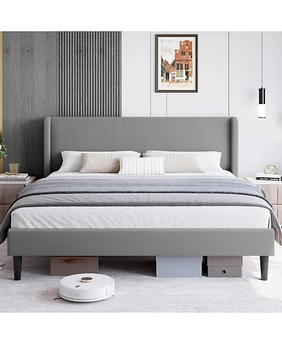 gaomon Bed Frame with Upholstered Headboard,Wooden Platform Bed Frame with 2 Storage Pockets,Vertical Channel Tufted Wingback,Strong Wooden Slats
