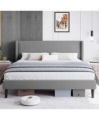 gaomon Bed Frame with Upholstered Headboard,Wooden Platform Bed Frame with 2 Storage Pockets,Vertical Channel Tufted Wingback,Strong Wooden Slats