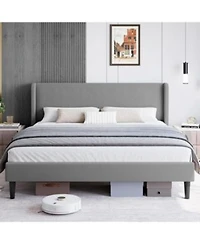 Gaomon Bed Frame With Upholstered Headboardwooden Platform Bed Frame With 2 Storage Pocketsvertical Channel Tufted Wingbackstrong Wooden Slats