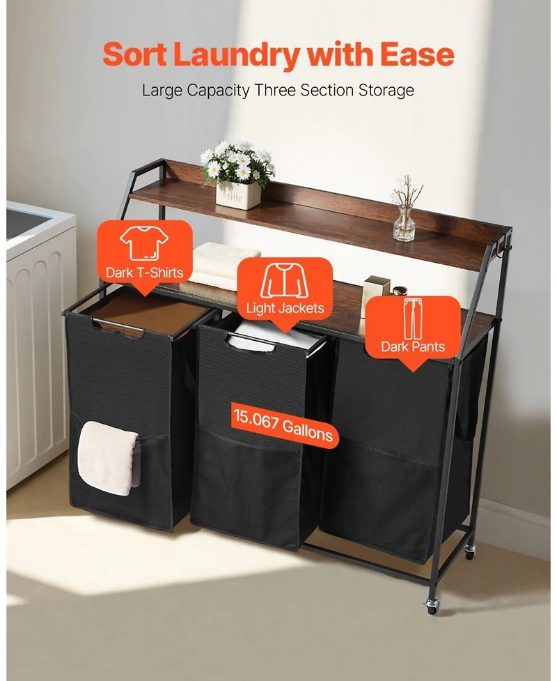 Ecooso 2-Tier Laundry Sorter, 3-Section Rolling Hamper with Wood Top, Ladder Shelves, Metal Frame, 600D Oxford Cloth Bags