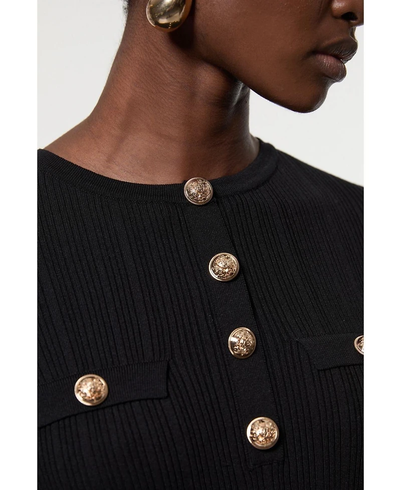 Karen Millen Women's Military Trim Rib Long Sleeve Knit Top