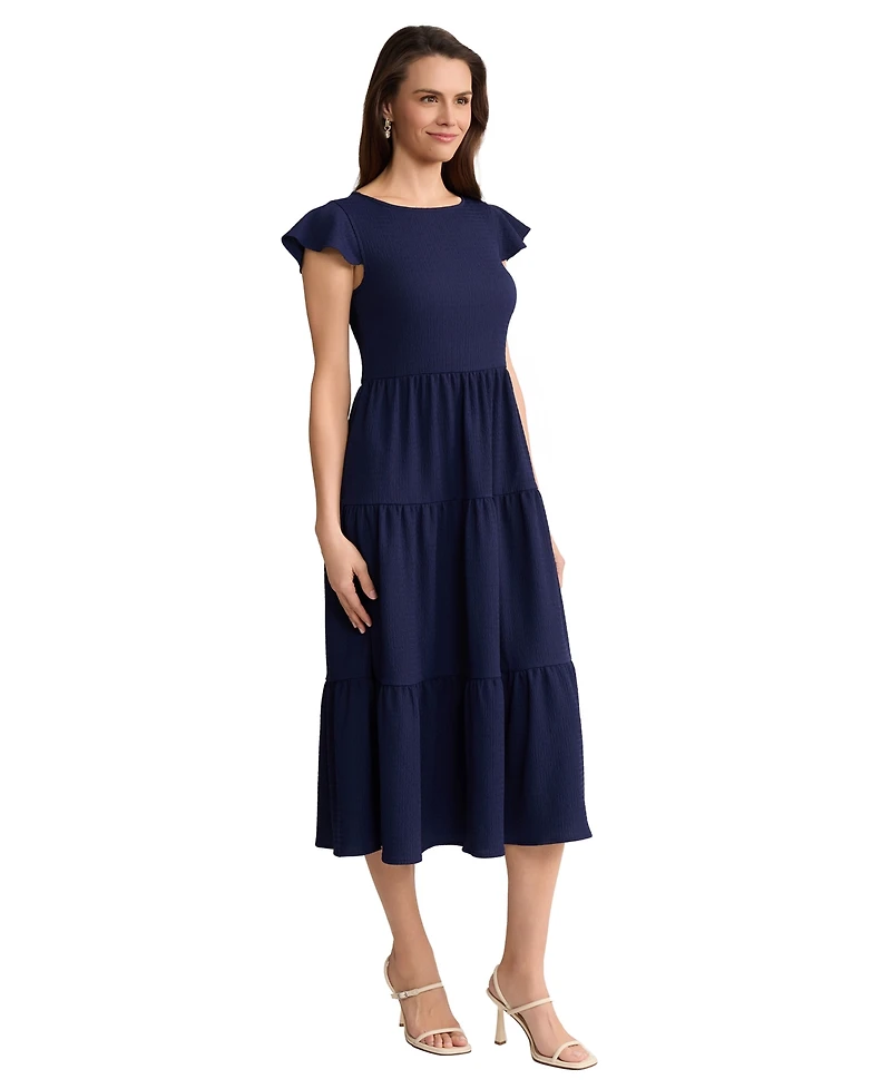 Jones New York Petite Boat Neck Flutter-Sleeve Tiered Midi Dress