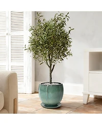 LuxenHome Glossy Gradient Teal Ceramic Planter, 10-Inch Tall Ridged Container with Connected Tray