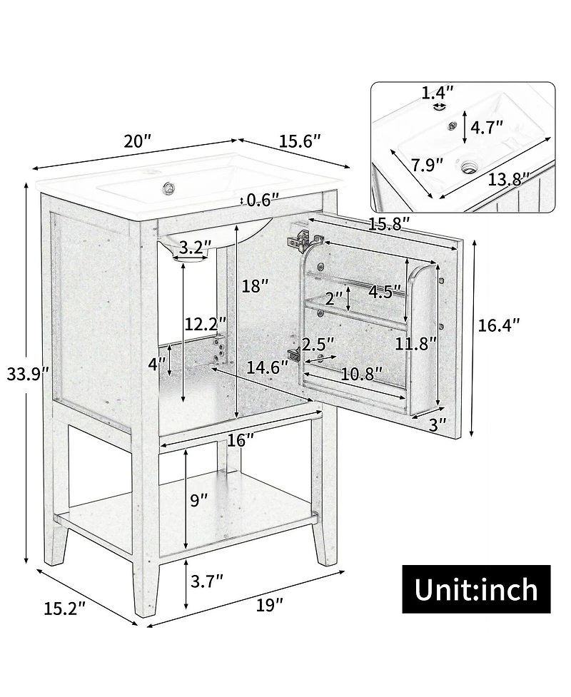 Sillysis 20'' Bathroom Vanity with Sink, Modern Solid Wood Cabinet, Soft Close Door & Open Shelf for Small Spaces