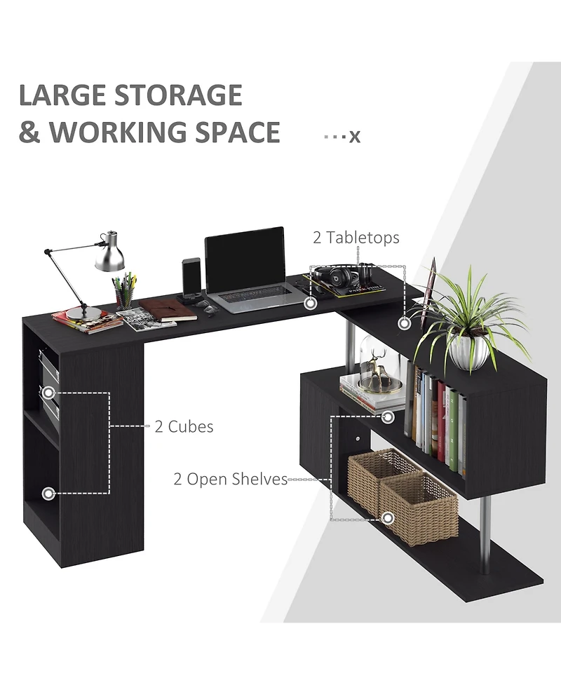 Homcom Rotating Corner Table Shelf Combo L-Shaped I-Shape Home Office, Black