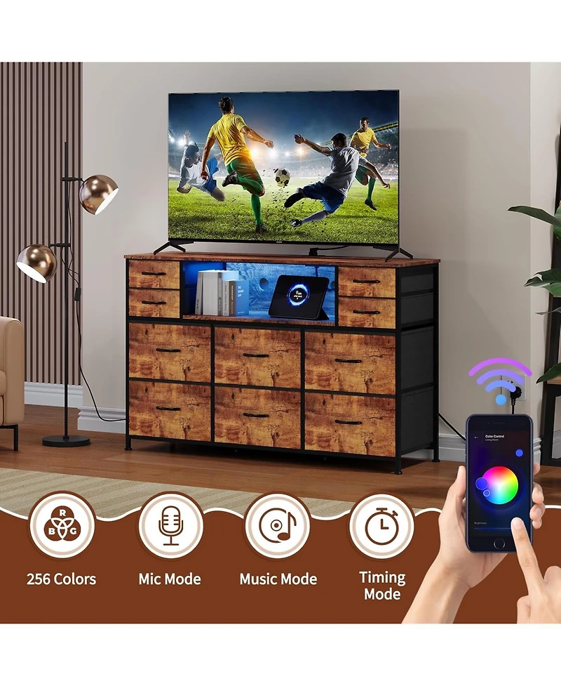 gaomon 10 Fabric Drawers Dresser with Led Lights, Entertainment Center with Charging Station, Wood Top, Open Shelves, Tv Stand for 40"-55" T