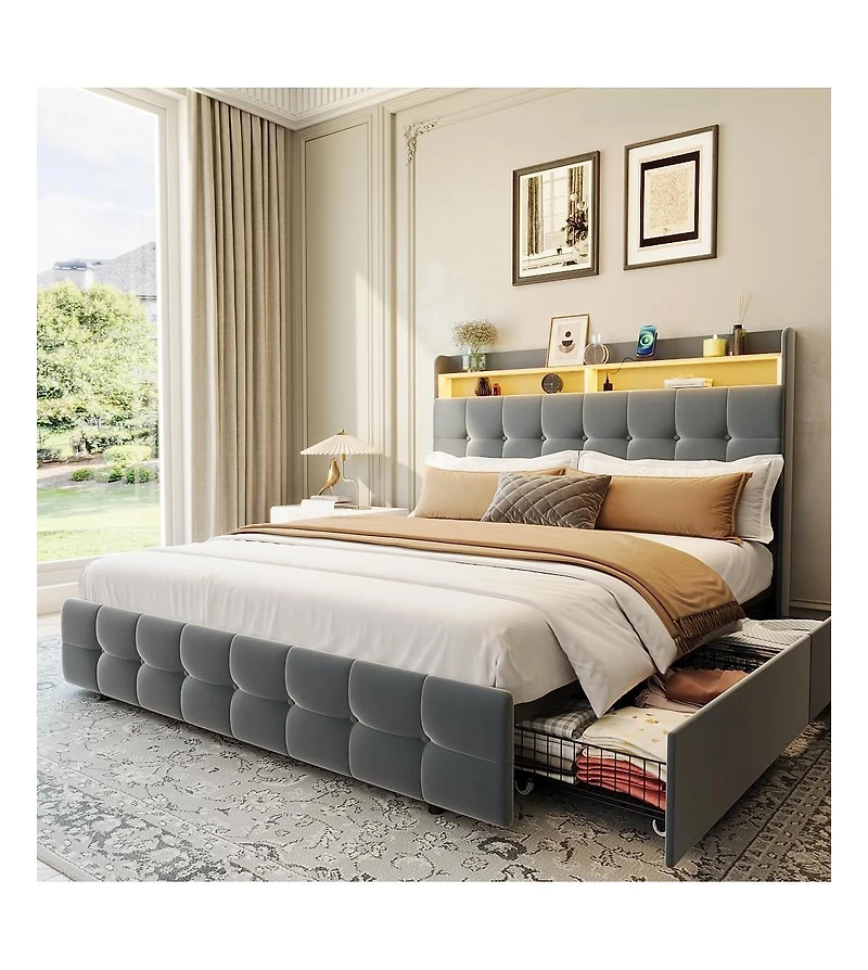 gaomon Full Size Bed Frame with 2 Storage Drawers, Upholstered Bed Frame Full with Led Light