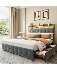 Gaomon Full Size Bed Frame With 2 Storage Drawers Upholstered Bed Frame Full With Led Light Double Layer Bedside Headboard With Charging Socket