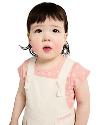 Calvin Klein Baby Girls' Ribbed Printed Bodysuit & Denim Overall, 2-Piece Set