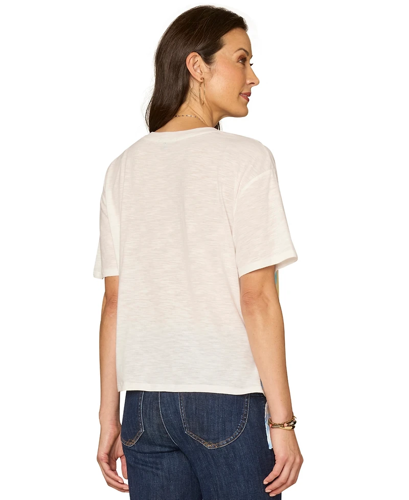 Democracy Petite Elbow-Sleeve Crewneck Printed Top