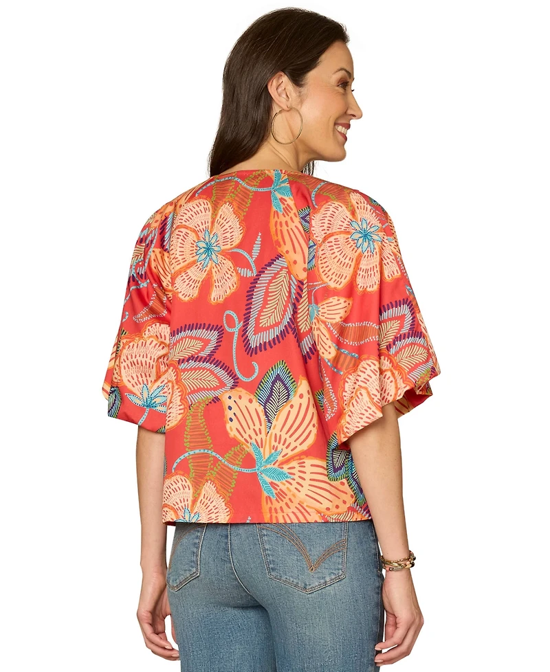 Democracy Petite Bubble Bell-Sleeve V-Neck Printed Woven Top