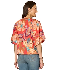 Democracy Petite Bubble Bell-Sleeve V-Neck Printed Woven Top