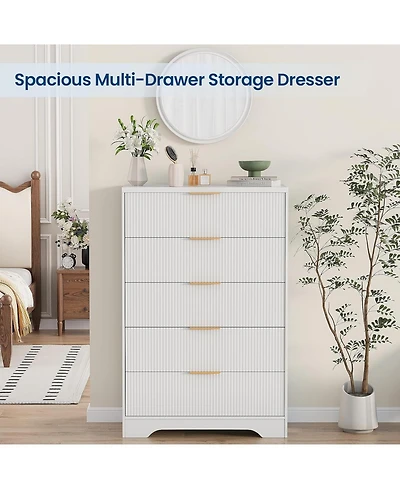 gaomon Dresser for Bedroom with 5 Drawers, Wave Fluted Modern Chest of Tall Wood Storage Organizer Nursery, Hallway, Living Room