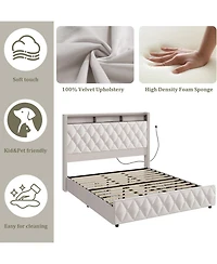 gaomon Pu Leather Upholstered Bed Frame with 4 Storage Drawers, Usb Charging Station & Led Lights