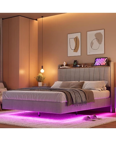 gaomon Floating Bed Frame with Led Lights & Charging Station Upholstered Platform Storage Headboard Wood Slats Support Easy to Assemble