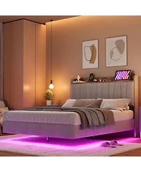 gaomon Floating Bed Frame with Led Lights & Charging Station Upholstered Platform Storage Headboard Wood Slats Support Easy to Assemble