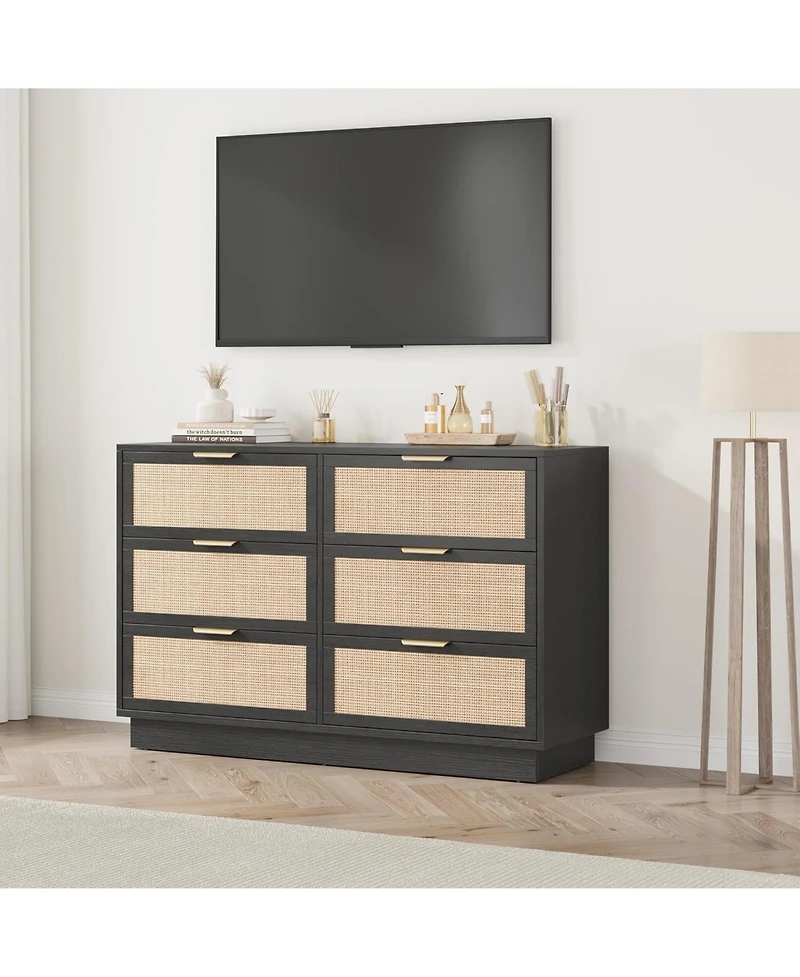 gaomon 6 Drawer Rattan Dresser for Bedroom, Integrated Cabinet Body & Legs Design, Wooden Chest of Drawers for Hallways, Entryways and Closet