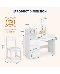 gaomon Kids Vanity Desk with Mirror and Lights, Princess Wooden Makeup Vanity with Chair, Storage Shelves and Drawers