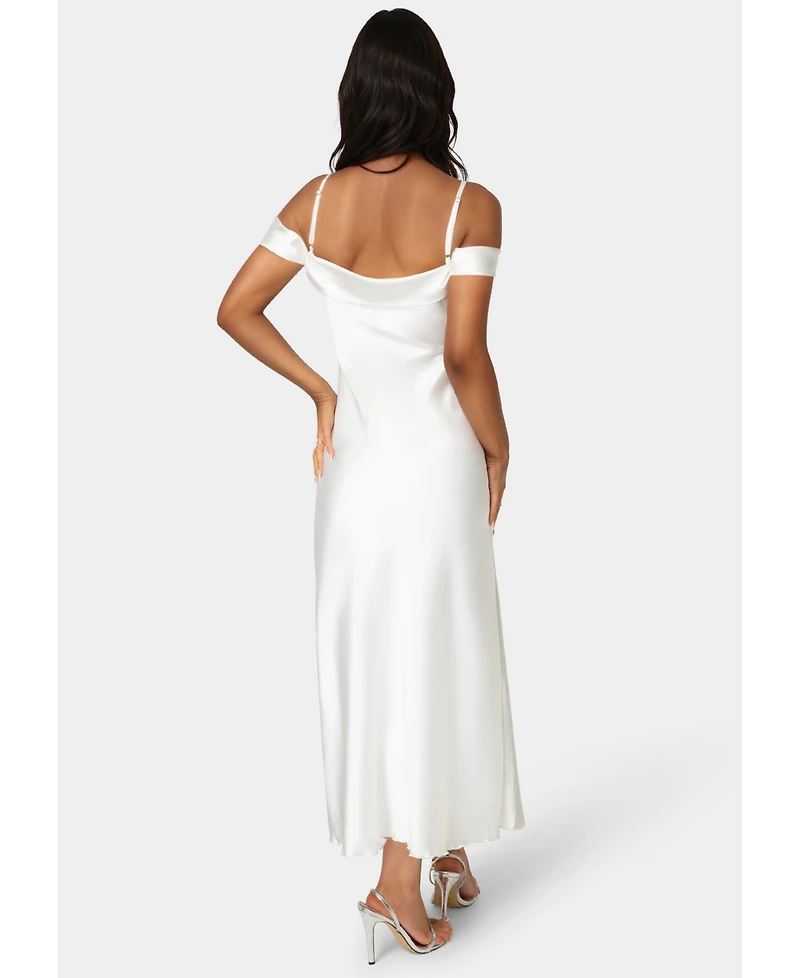 Bebe Women's Drape Shoulder High Slit Satin Maxi Dress