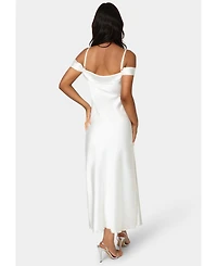 Bebe Women's Drape Shoulder High Slit Satin Maxi Dress