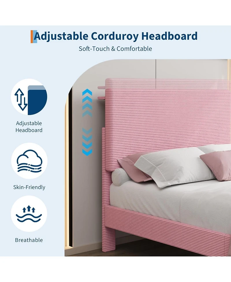gaomon Bed Frame with Charging Station, Corduroy Upholstered Platform Headboard and Storage Shelf, Solid Wood Slats