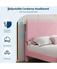 gaomon Bed Frame with Charging Station, Corduroy Upholstered Platform Headboard and Storage Shelf, Solid Wood Slats