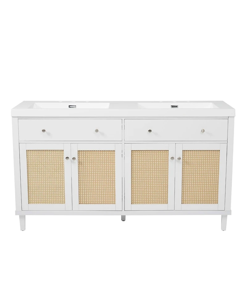 Sillysis 60" Double Sink Bathroom Vanity, Modern Solid Wood Freestanding Cabinet with Smc Top, Rattan Doors & Flip-Out Tray