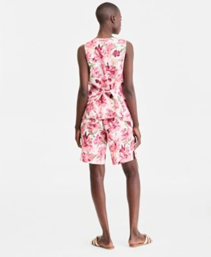 Charter Club Womens 100 Linen Printed V Neck Vest Bermuda Shorts Macys Exclusive