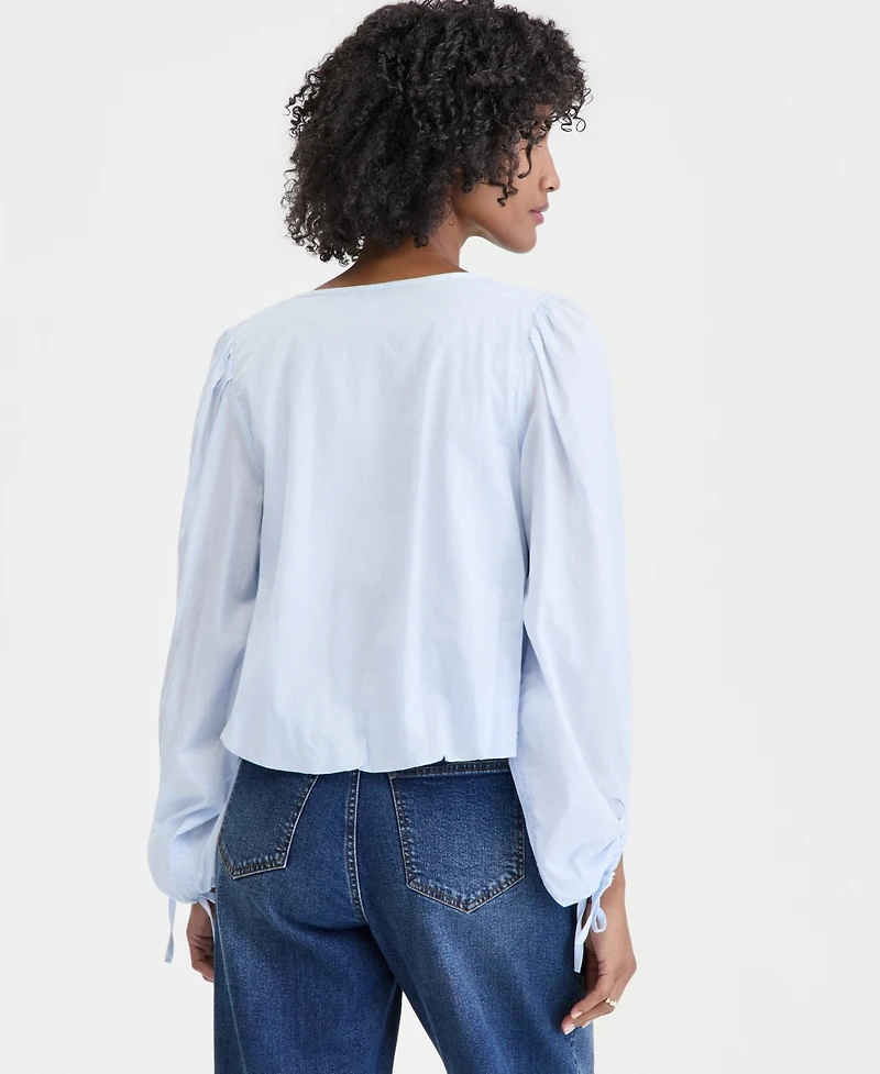 On 34th Women's Cotton Solid Tie-Front Volume-Sleeve Blouse, Macy's Exclusive