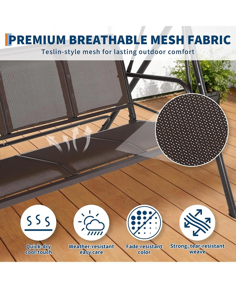 gaomon Porch Swing with Adjustable Canopy for Adults 3-Seat Outdoor Waterproof Textilene & Steel Frame Patio Swing Bench for Backyard Garden