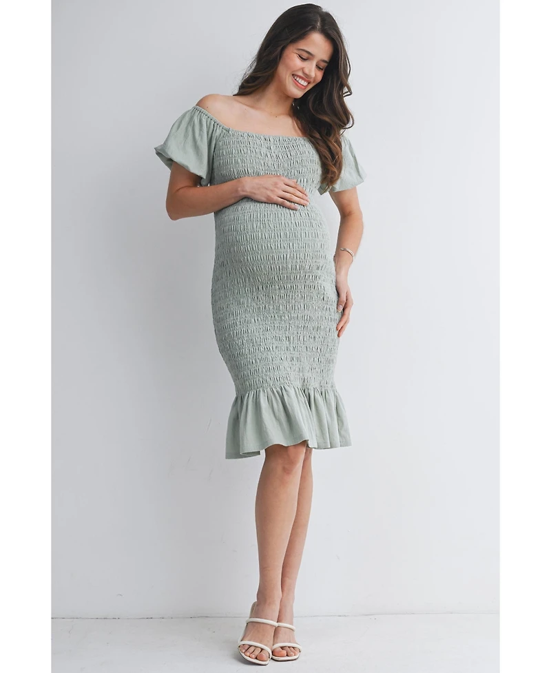 Hello Miz Maternity Off-the-Shoulder Smocked Bodycon Midi Dress with Ruffle Hem